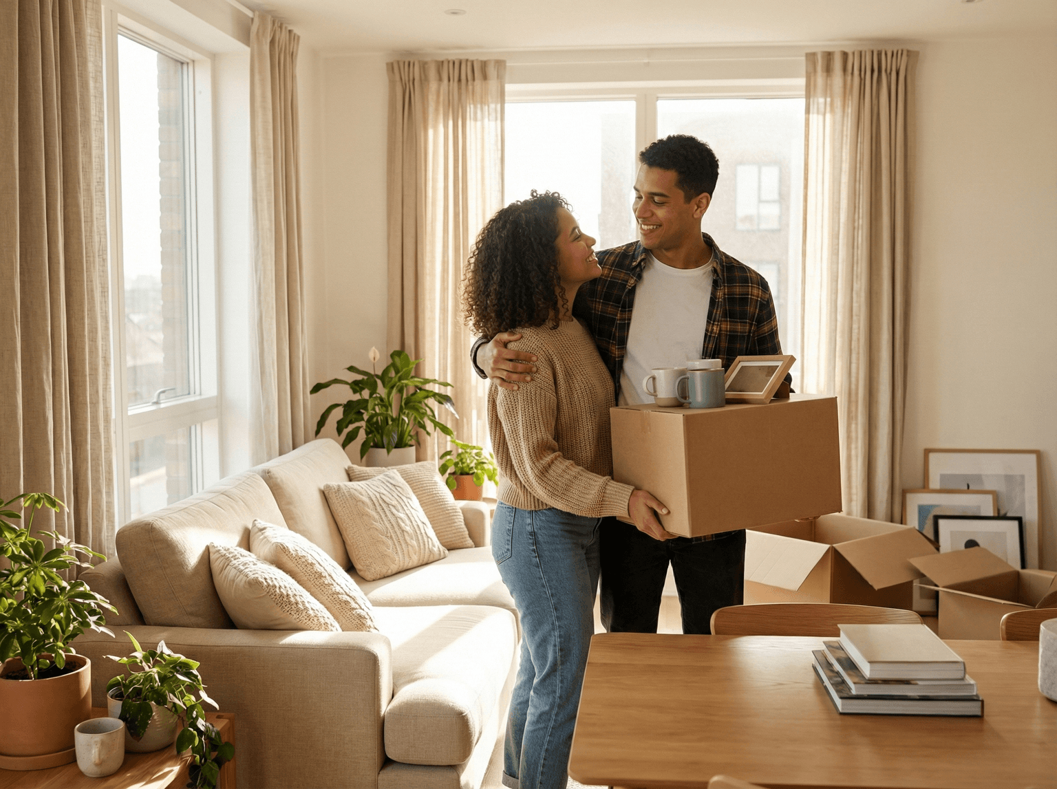 Casal feliz na cozinha do novo apartamento